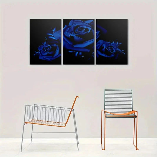 3pcs Modern Abstract Floral Blue Rose Metal Print Ready to Hang Art