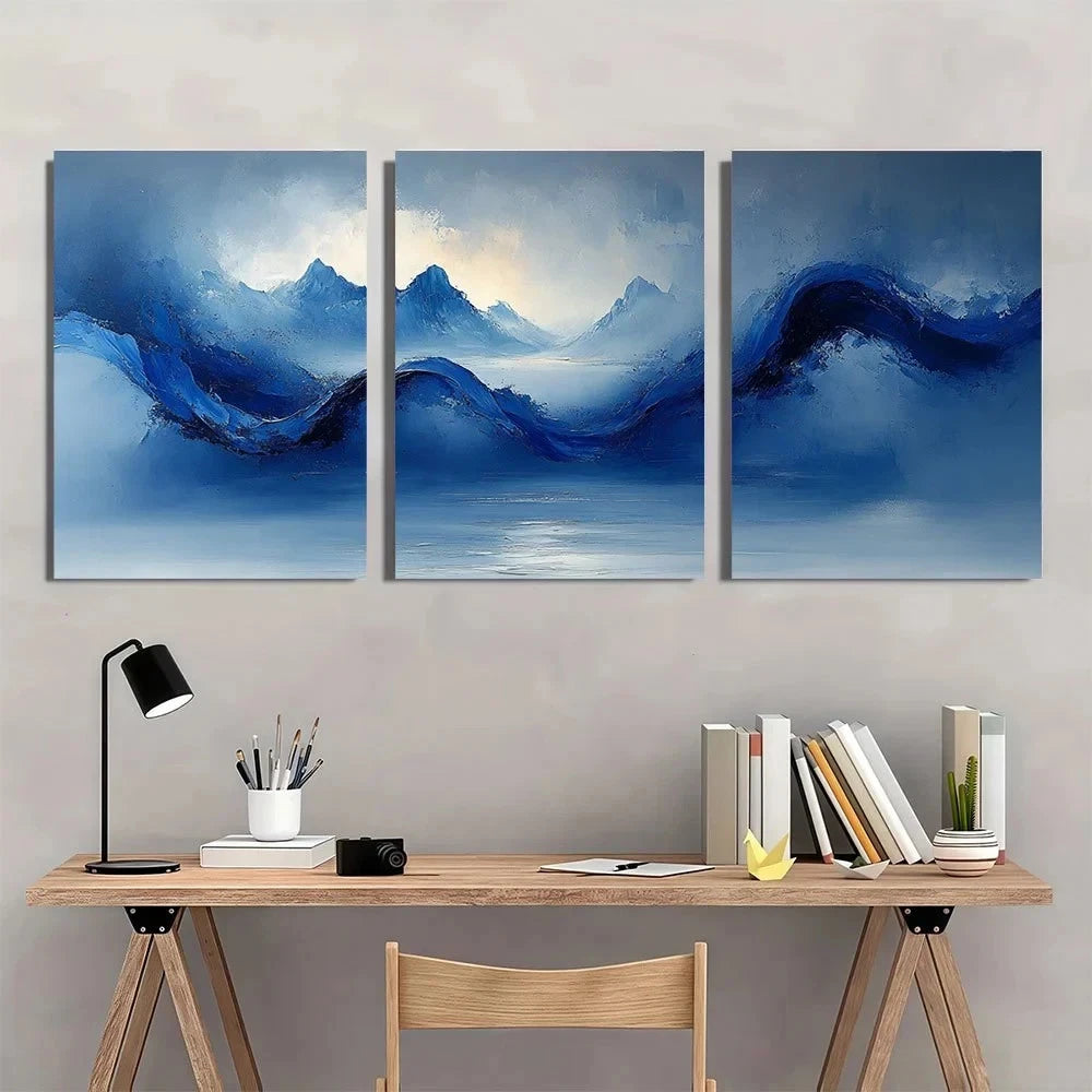 3pcs Abstract Blue Line Painting Metal Print Ready to Hang Art
