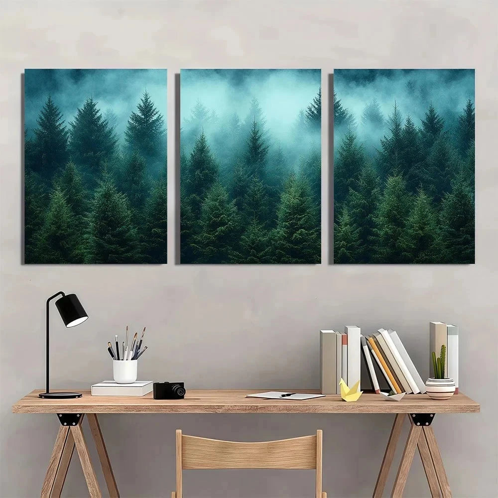 3pcs Fog Forest Modern Pine Trees Metal Print Ready to Hang Art