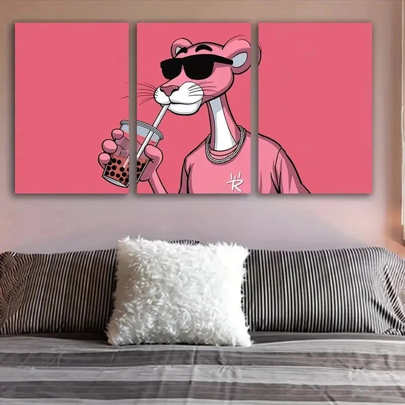 3pcs Pink Panther Wearing Glasses Metal Print Ready to Hang Art