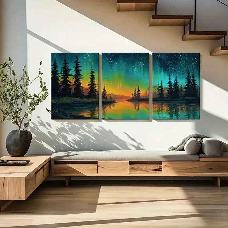 3pcs Northern Lights Forest Reflection Lake Metal Print Ready to Hang Art