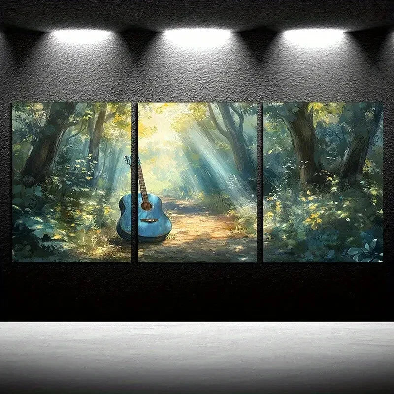 3pcs Vibrant Forest Sunlight and Guitar Metal Print Ready to Hang Art