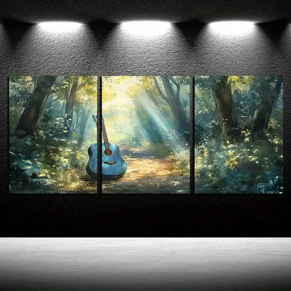 3pcs Vibrant Forest Sunlight and Guitar Metal Print Ready to Hang Art