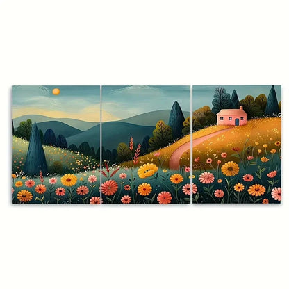 3pcs Colorful Wildflowers & Rustic Countryside Metal Print Ready to Hang Art