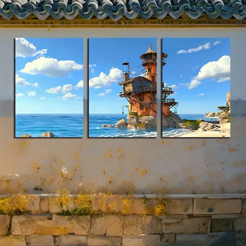 3pcs Dream Sand Tower Seashore Illustration Metal Print Ready to Hang Art