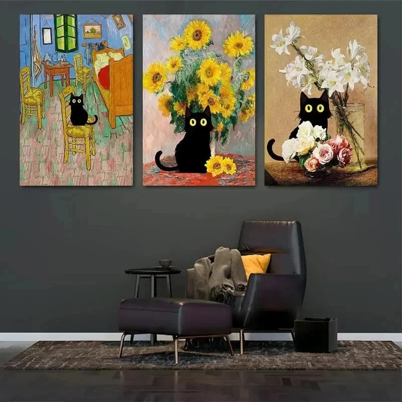 3pcs Black Cats in Famous Wall Art Set Canvas Framed 40x60cm - High Quality Print 100% Australian Made Wall Canvas Ready to Hang