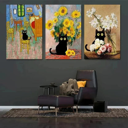 3pcs Black Cats in Famous Wall Art Set Canvas Framed 40x60cm - High Quality Print 100% Australian Made Wall Canvas Ready to Hang