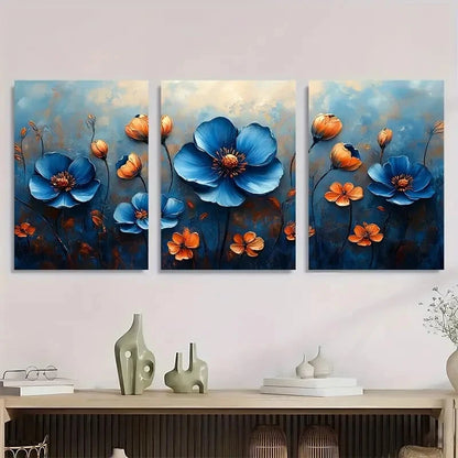 3pcs Vibrant Blue & Orange Watercolor Flower Metal Print Ready to Hang Art