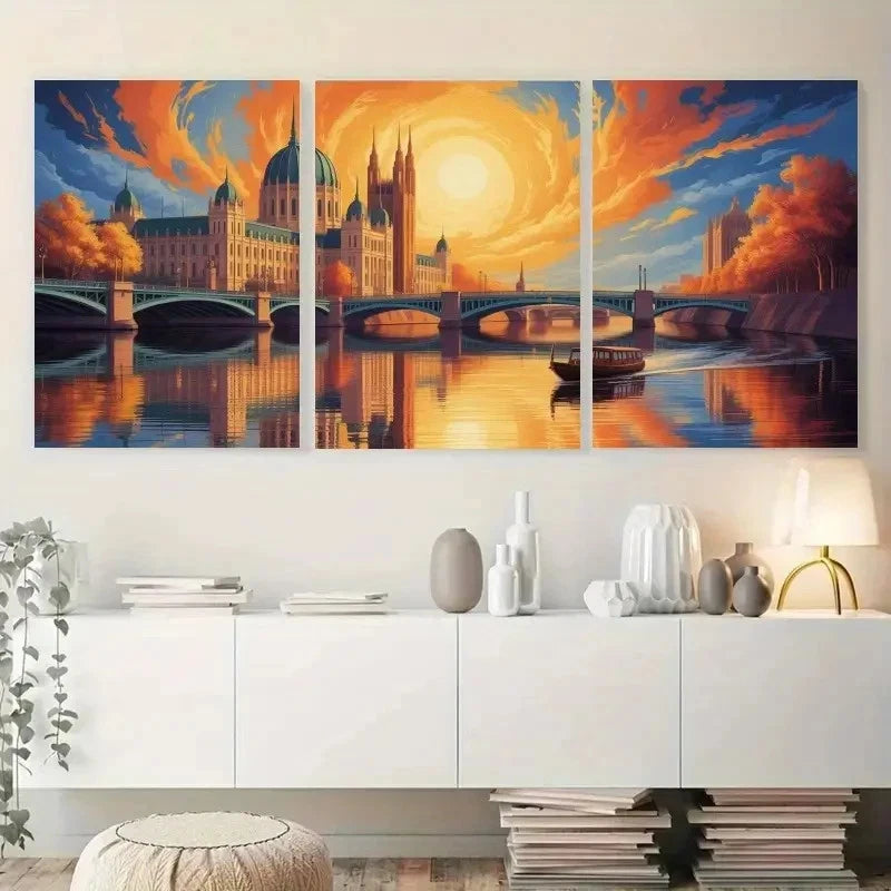 3pcs Cityscape Painting with Parliament Building Metal Print Ready to Hang Art