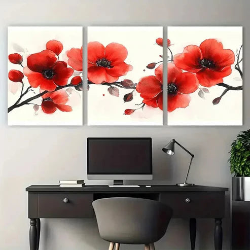 3pcs Elegant Blooming Red Floral Watercolor Wall Art Canvas Unframed – High Quality Print 100% Australian Made Wall Canvas