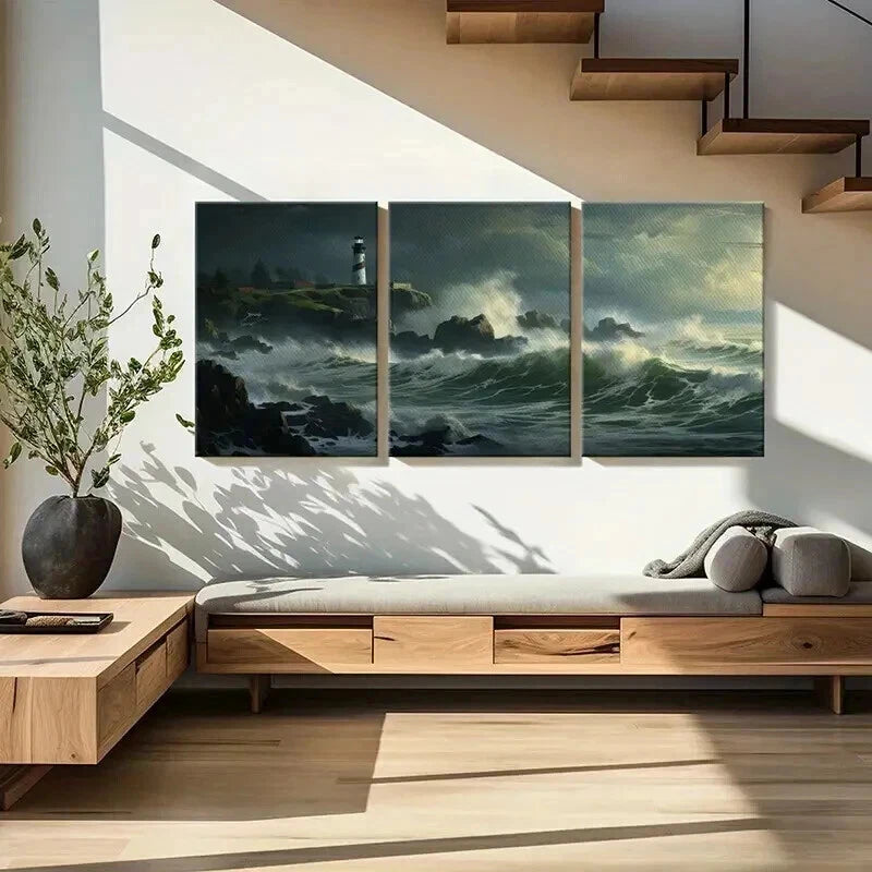 3pcs Lighthouse Overlooking Stormy Sea Waves Wall Art Set Canvas Framed 50x70cm - High Quality Print 100% Australian Made Wall Canvas Ready to Hang