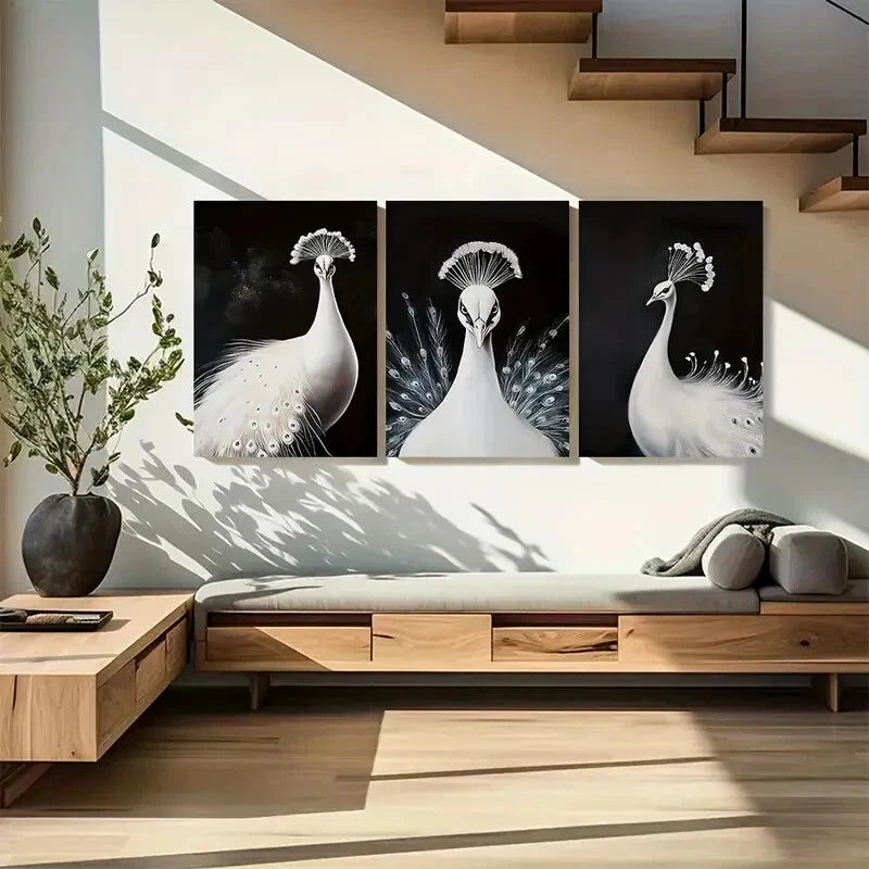 3pcs Dark Aesthetic Elegant White Peacock Metal Print Ready to Hang Art