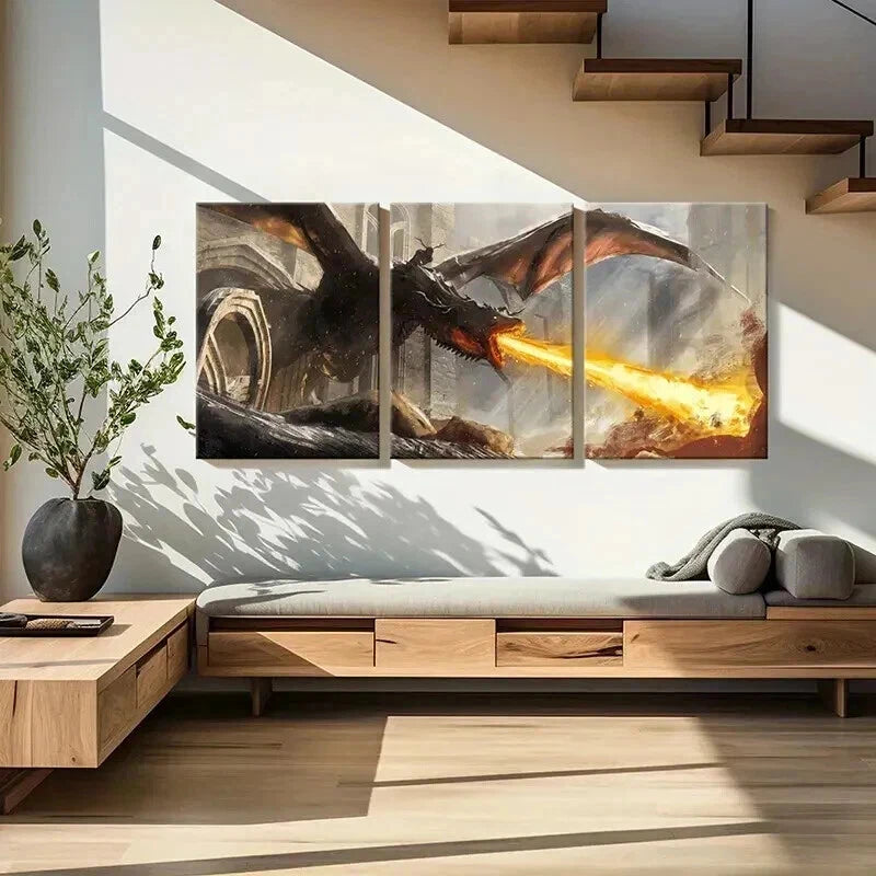 3pcs Fantasy Dragons & Mythical Creatures Wall Art Set Canvas Framed 40x60cm - High Quality Print 100% Australian Made Wall Canvas Ready to Hang