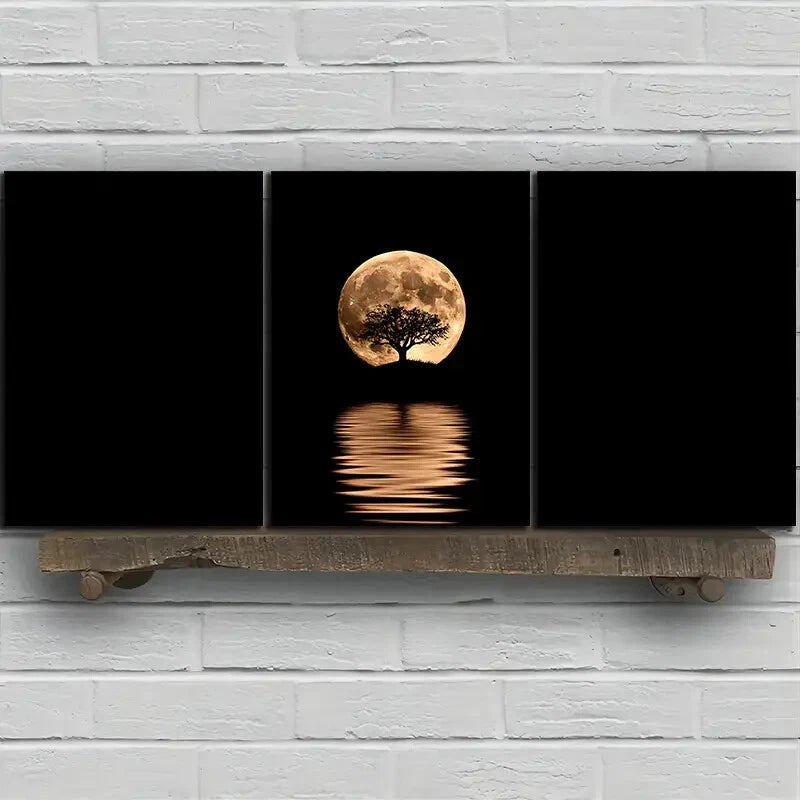 3pcs Reflection of Trees Golden Moon Metal Print Ready to Hang Art