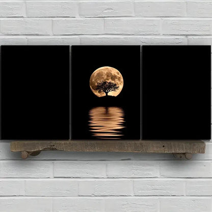 3pcs Reflection of Trees Golden Moon Metal Print Ready to Hang Art