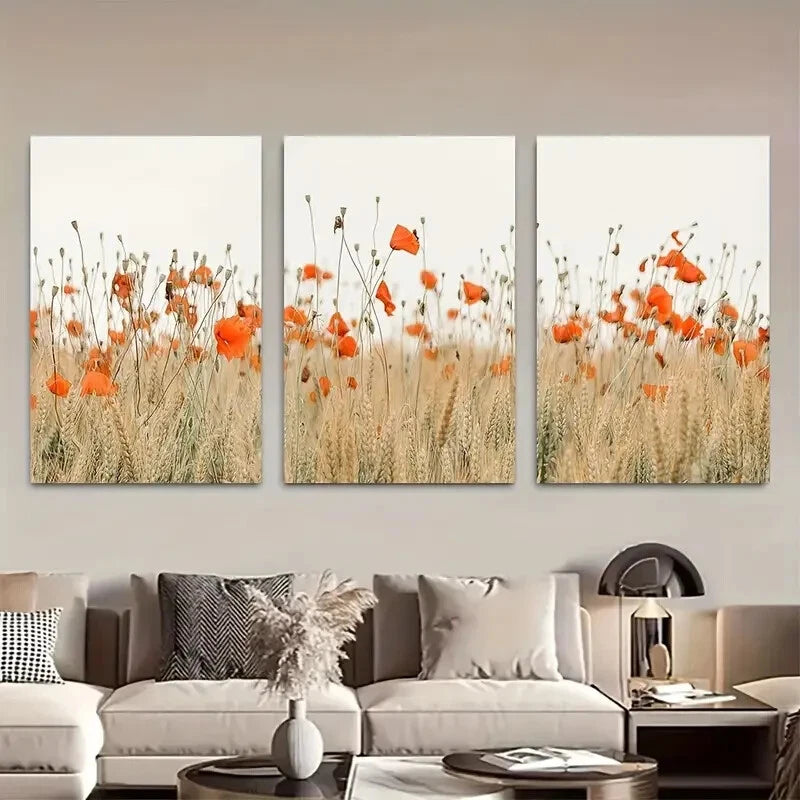 3pcs Vibrant Wildflower Poppies Field Botanical Metal Print Ready to Hang Art