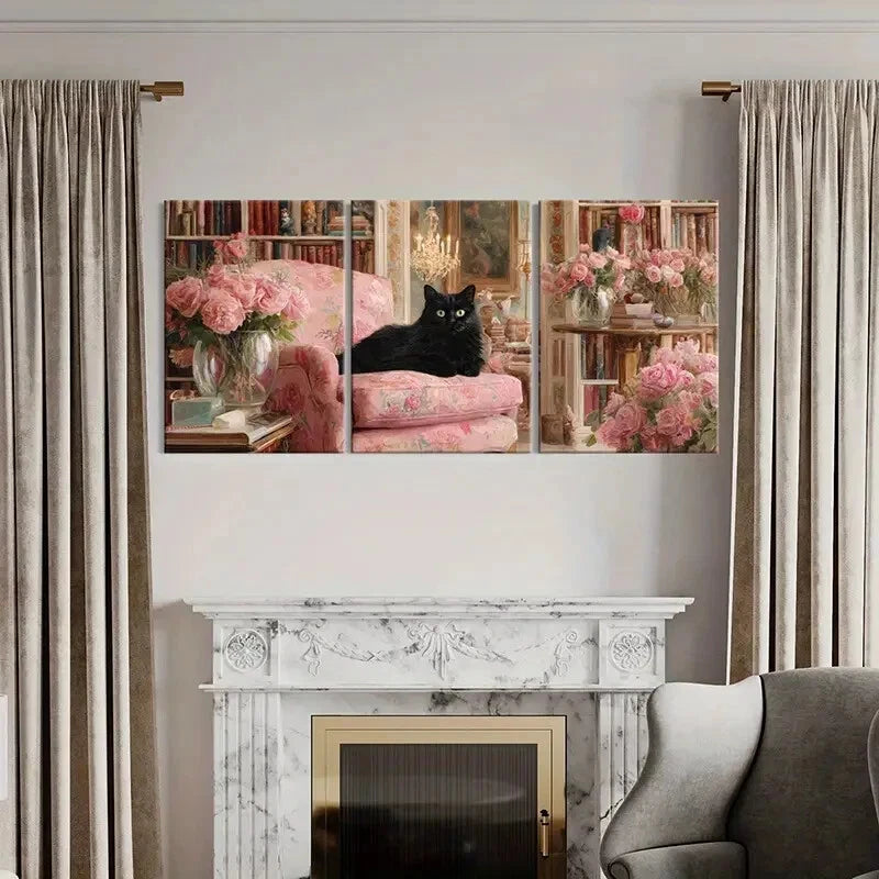 3pcs Vintage Elegant Black Cat Pink Roses Metal Print Ready to Hang Art