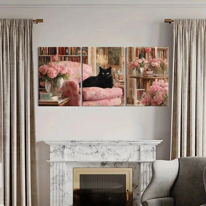3pcs Vintage Elegant Black Cat Pink Roses Metal Print Ready to Hang Art