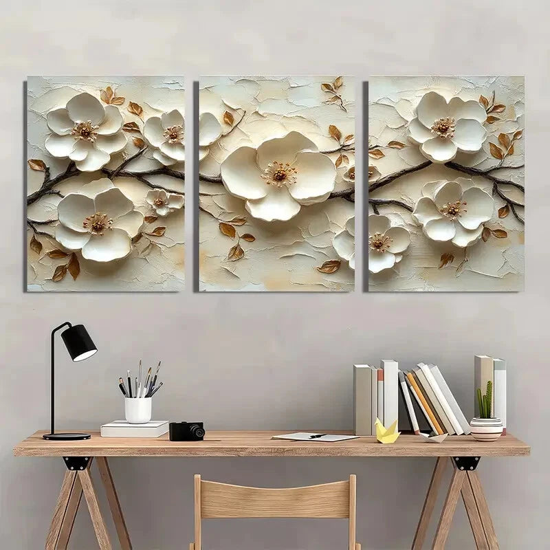 3pcs White Floral Texture Artwork Beige Minimalist Metal Print Ready to Hang Art