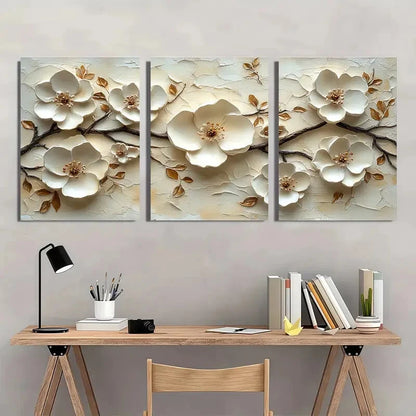 3pcs White Floral Texture Artwork Beige Minimalist Metal Print Ready to Hang Art