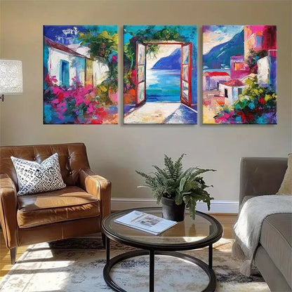 3pcs Mediterranean Village Vibrant Perfect Wall Art Set Canvas Framed 40x60cm - High Quality Print 100% Australian Made Wall Canvas Ready to Hang