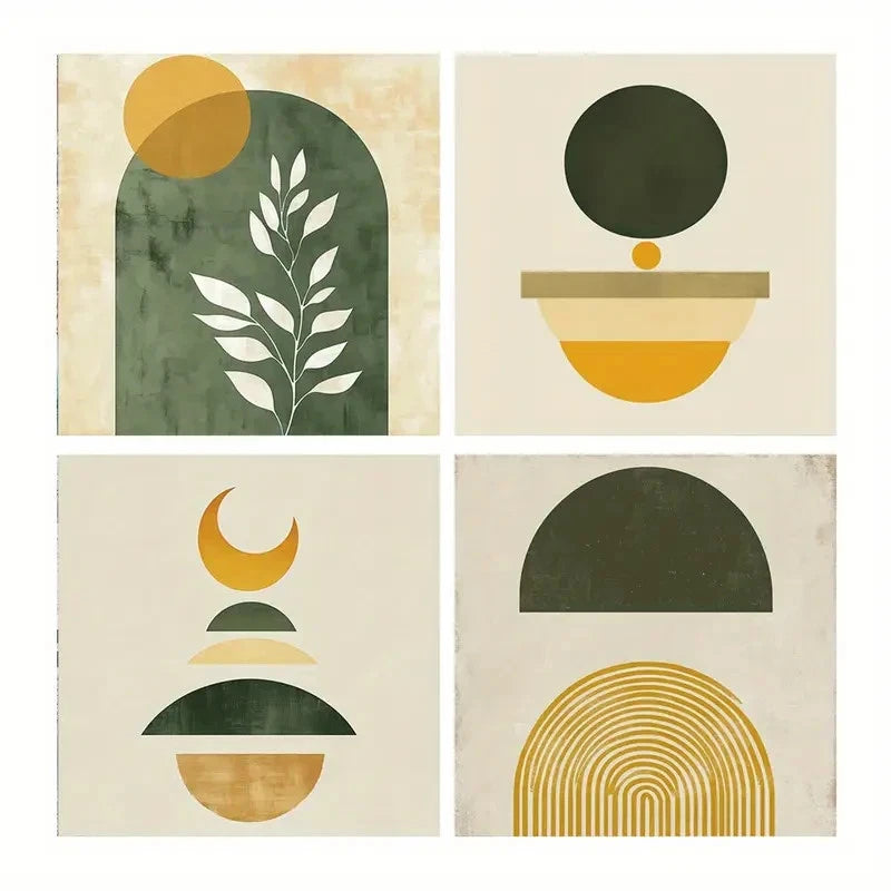 4pcs Olive Branches & Geometric Patterns Wall Art Canvas Framed