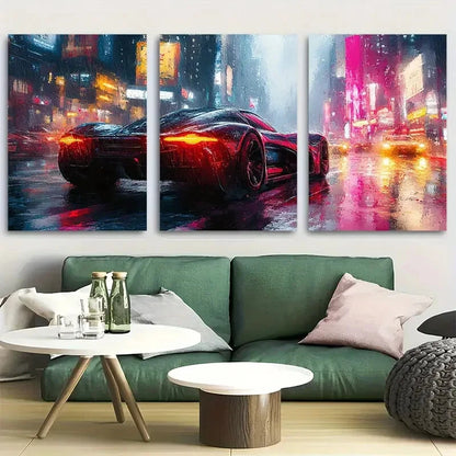 3pcs Neon Cyberpunk Futuristic Car Design Metal Print Ready to Hang Art