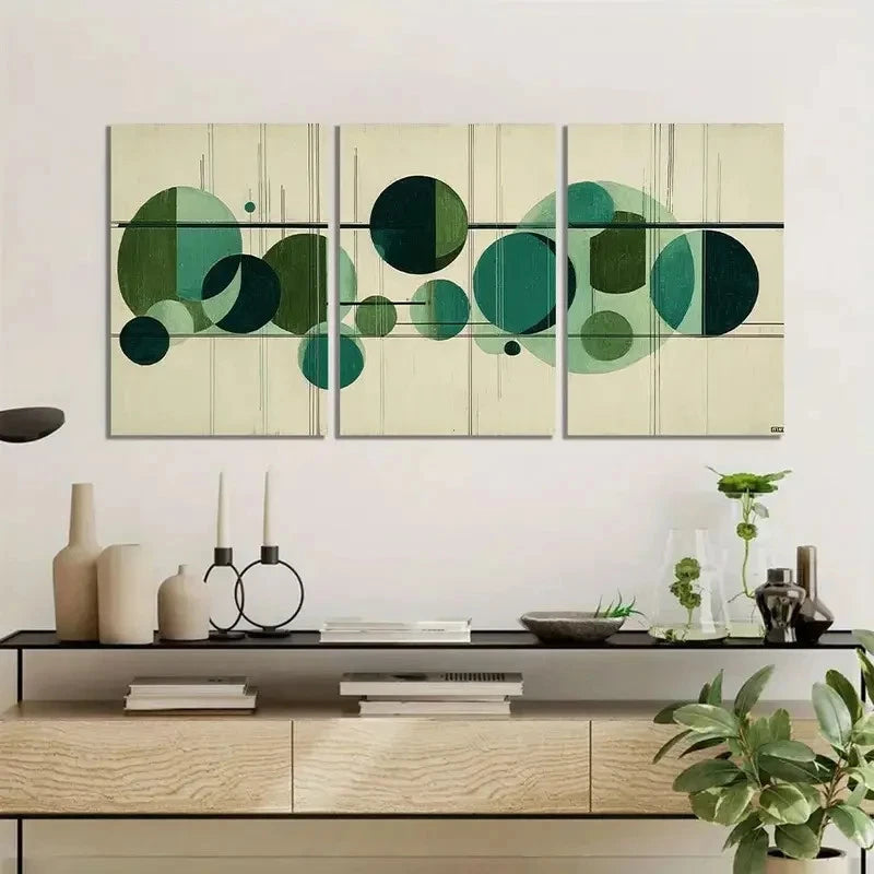 3pcs Modern Art Deco with Green Circles Metal Print Ready to Hang Art