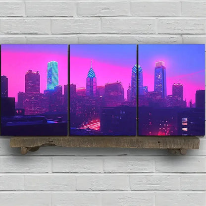 3pcs Colorful City Purple Themed Buildings Metal Print Ready to Hang Art