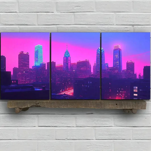 3pcs Colorful City Purple Themed Buildings Metal Print Ready to Hang Art