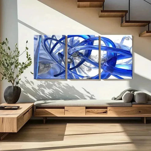 3pcs Abstract Blue Pipe with Silvery Marbles Wall Art Set Canvas Unframed - High Quality Print 100% Australian Made Wall Canvas