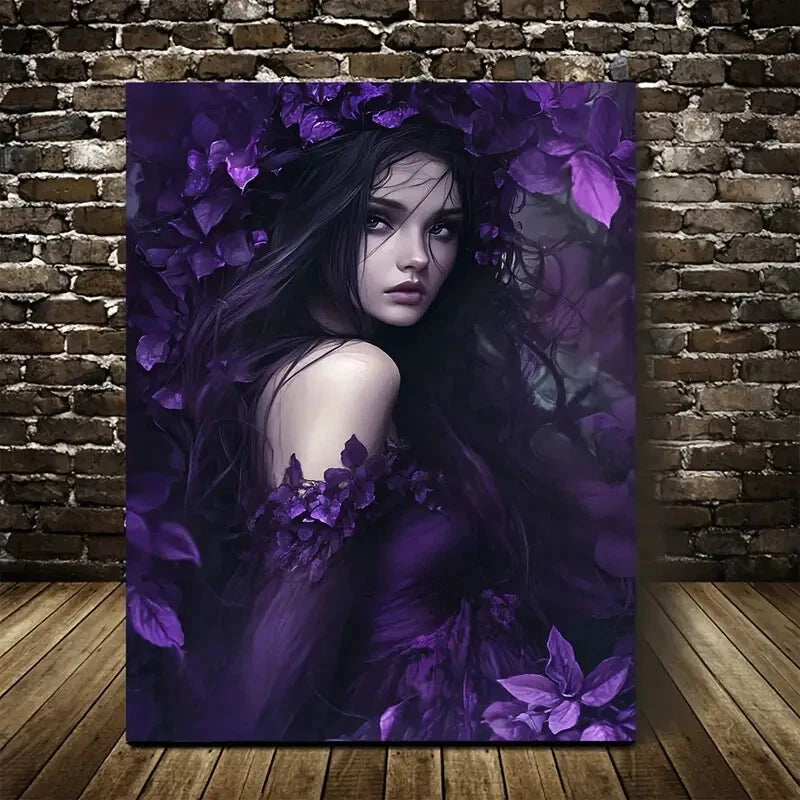 Elegant Woman with Floral Design Painting 40x60cm Metal Print Ready to Hang