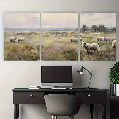 3pcs Sheep in the Meadow Anton Mauve Style Metal Print Ready to Hang Art