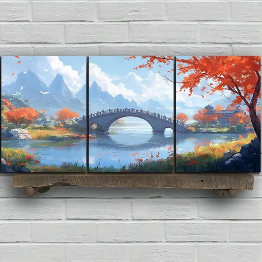 3pcs The Stone Bridge On The Lake Modern Nature Metal Print Ready to Hang Art