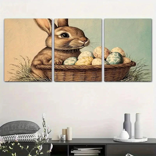 3pcs Bunny Basket Eggs Animal Themed Metal Print Ready to Hang Art