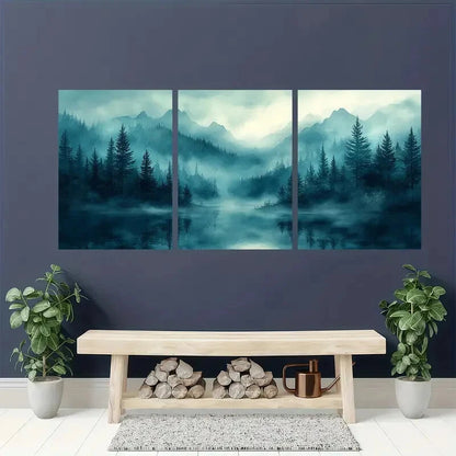 3pcs Foggy Forest Landscape Watercolor Art Metal Print Ready to Hang Art