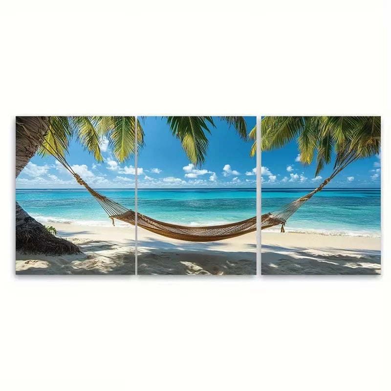 3pcs Featuring a Tropical Beach Hammock Metal Print Ready to Hang Art