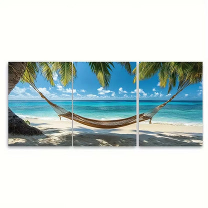 3pcs Featuring a Tropical Beach Hammock Metal Print Ready to Hang Art