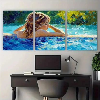 3pcs Woman by Pool Relaxing Summer Tranquility Wall Art Set Canvas Framed 50x70cm - High Quality Print 100% Australian Made Wall Canvas Ready to Hang