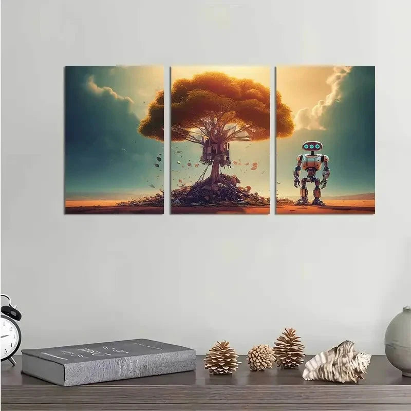3pcs Digital Surreal Orange Futuristic Metal Print Ready to Hang Art