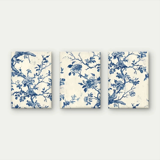 3pcs Blue and White Vintage Floral Style Wall Art Set Canvas Framed 60x90cm - High Quality Print 100% Australian Made Wall Canvas Ready to Hang