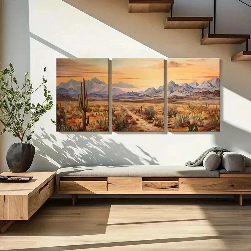 3pcs Cactus Mountains Sunset Orange Sky Wall Art Set Canvas Framed 40x60cm - High Quality Print 100% Australian Made Wall Canvas Ready to Hang