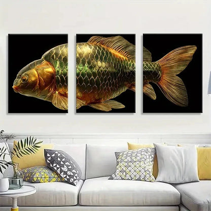 3pcs Luxurious Metallic Fish Feng Shui Wealth Deco Metal Print Ready to Hang Art