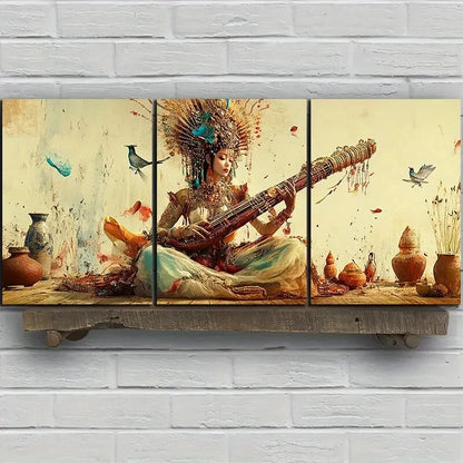 3pcs A Woman Playing An Instrument Modern Print Ready to Hang Art