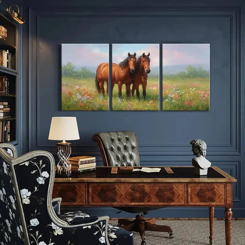 3pcs Artistic Horses in Blossom Field Pastoral Metal Print Ready to Hang Art