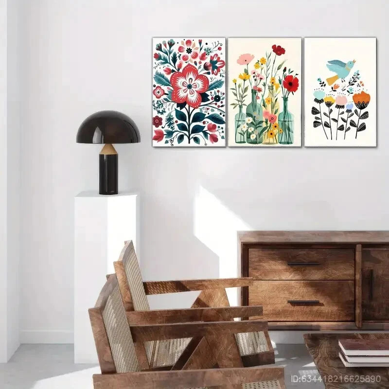 3pcs Wildflowers in Pot on Beige Background Metal Print Ready to Hang Art