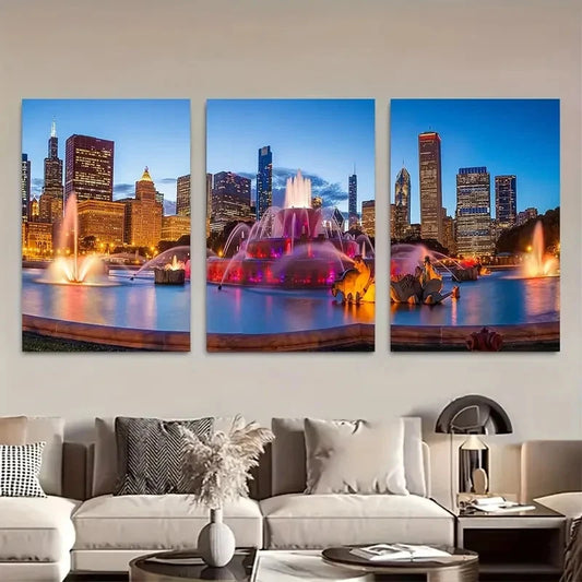 3pcs Chicago Buckingham Fountain & Grand Park Metal Print Ready to Hang Art