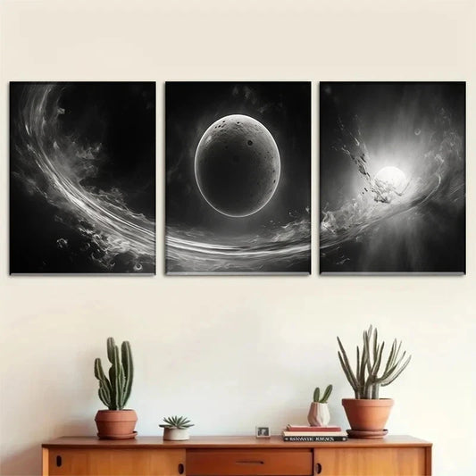 3pcs Celestial Wonders Black & White Abstract Metal Print Ready to Hang Art