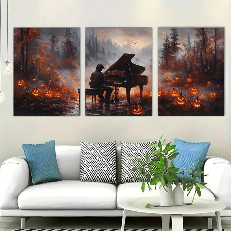 3pcs Set of three Spooky Ghoul Playing Piano  Wall Art Set Canvas Framed 40x60cm - High Quality Print 100% Australian Made Wall Canvas Ready to Hang