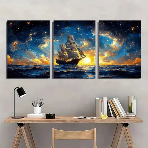 3pcs Surreal Ship & Cosmic Voyage Scene Wall Art Set Canvas Unframed - High Quality Print 100% Australian Made Wall Canvas